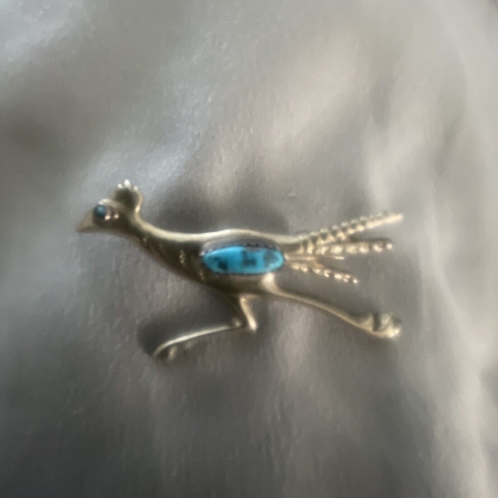 Navajo Indian Melissa Yazzie Turquoise Sterling Roadrunner pin